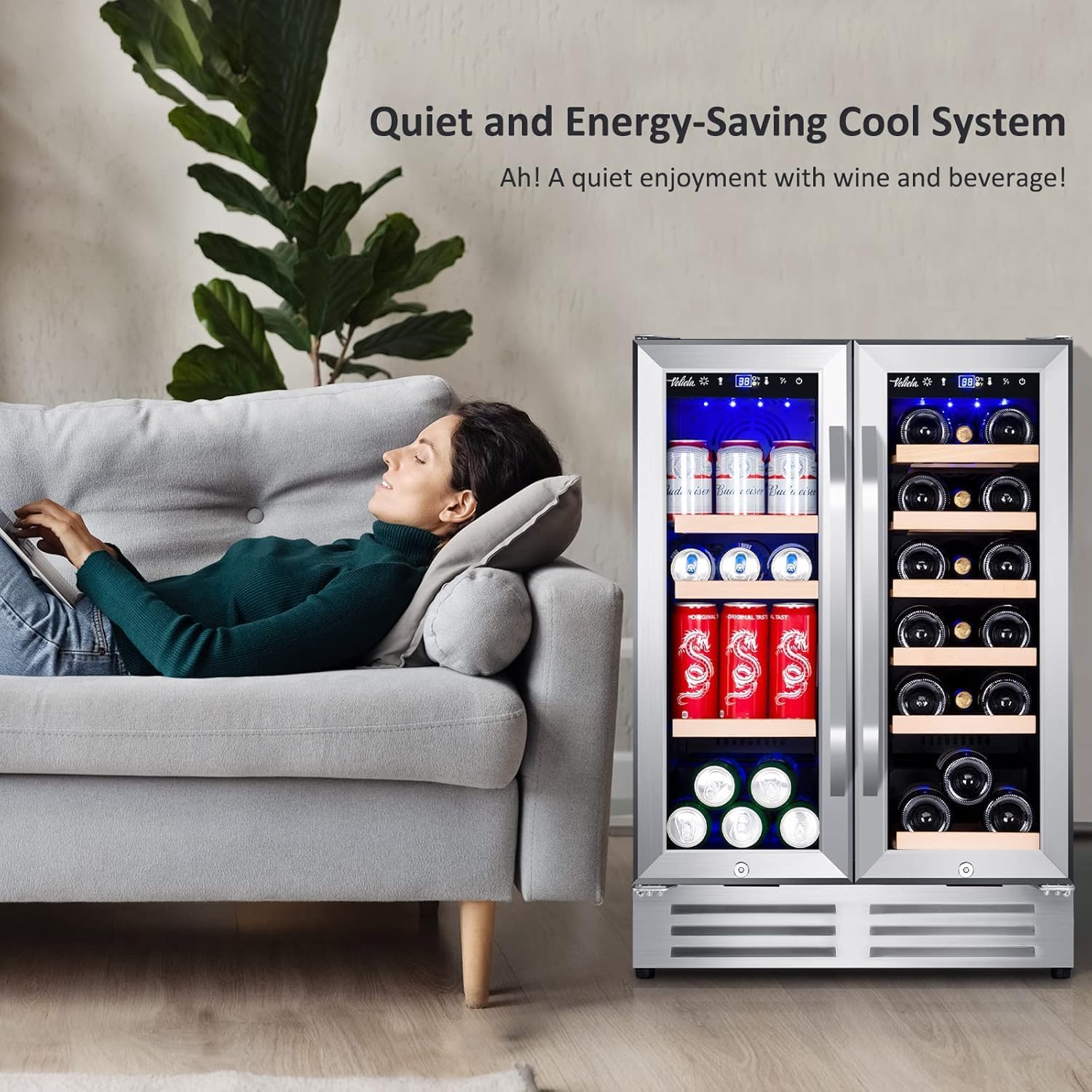 Wine and Beverage Refrigerator, 24 Inch Dual Zone Fridge with Glass Door, Built-In Cooler with Powerful and Quite Cool System/18 Bottles and 88 Cans Capacity Bverage Cooler