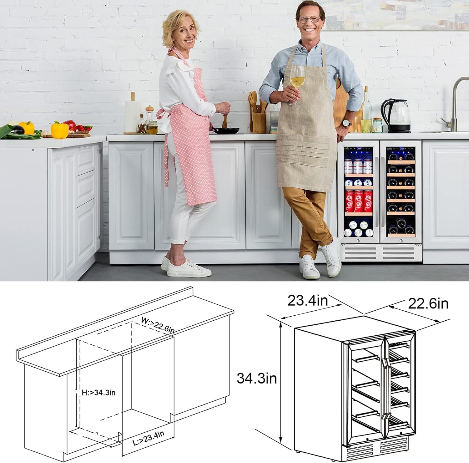 Wine and Beverage Refrigerator, 24 Inch Dual Zone Fridge with Glass Door, Built-In Cooler with Powerful and Quite Cool System/18 Bottles and 88 Cans Capacity Bverage Cooler