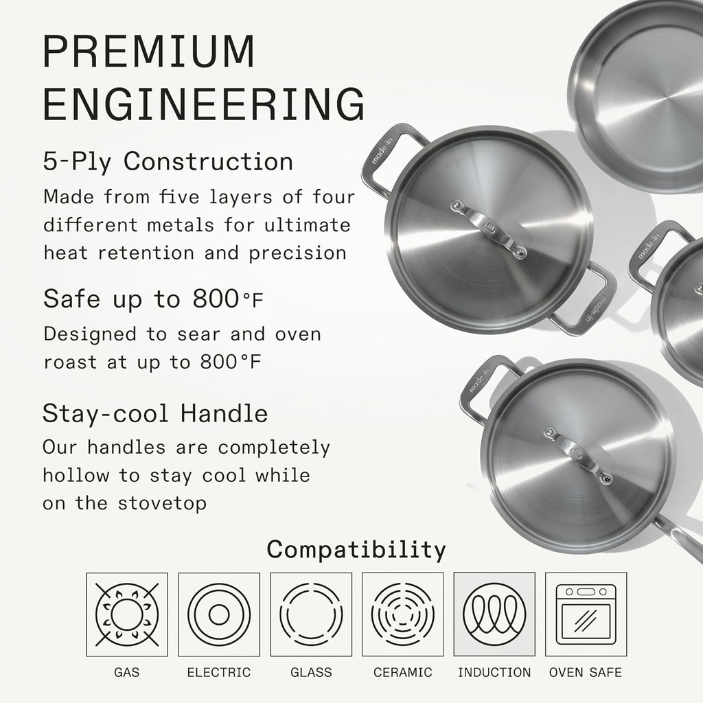 Made In Cookware – 7 Piece Stainless Steel Cookware Set – 5-Ply Stainless Clad – Includes Frying Pan, Saucepan, Saute Pan, Stock Pot – Professional Cookware – Crafted in Italy – Induction Compatible