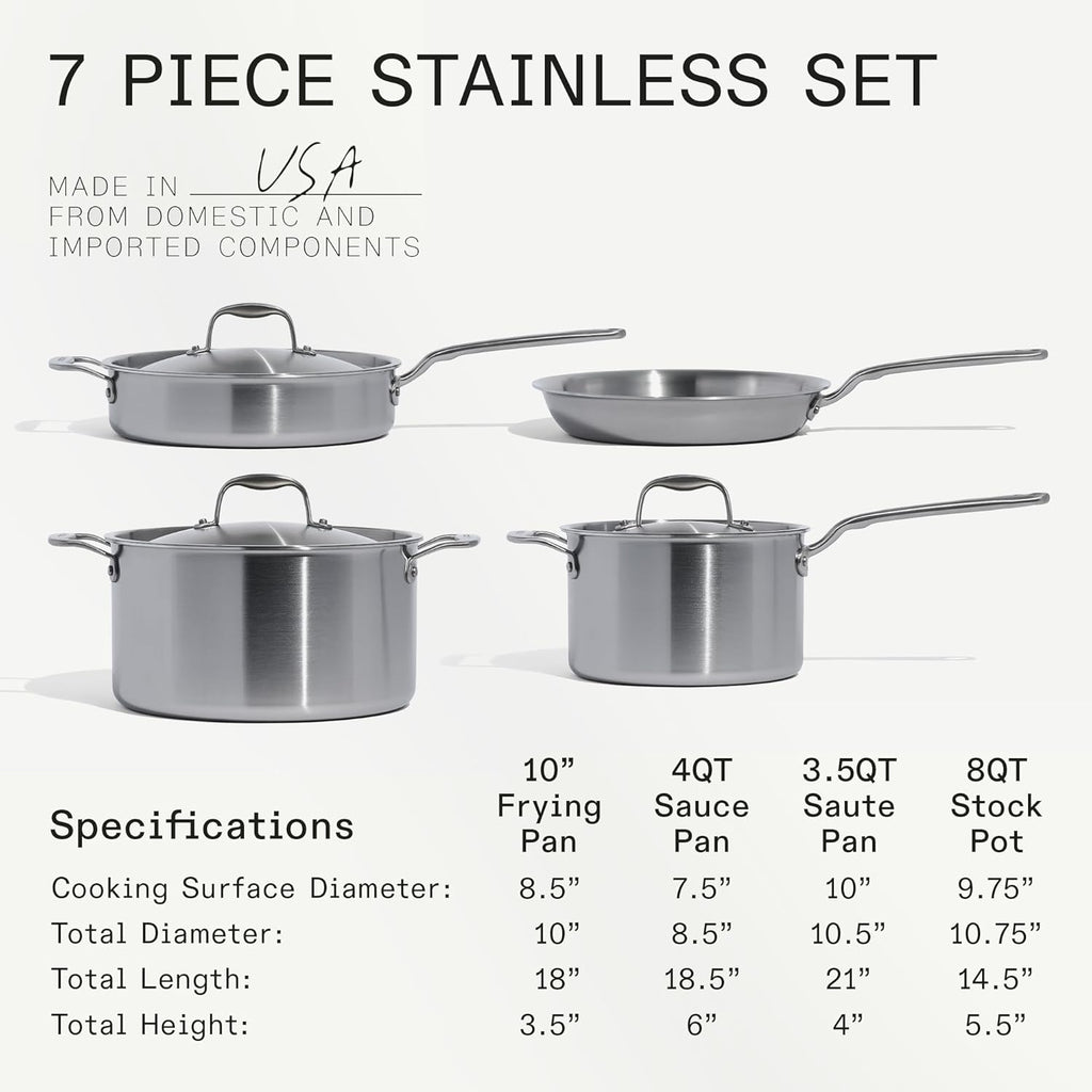 Made In Cookware – 7 Piece Stainless Steel Cookware Set – 5-Ply Stainless Clad – Includes Frying Pan, Saucepan, Saute Pan, Stock Pot – Professional Cookware – Crafted in Italy – Induction Compatible