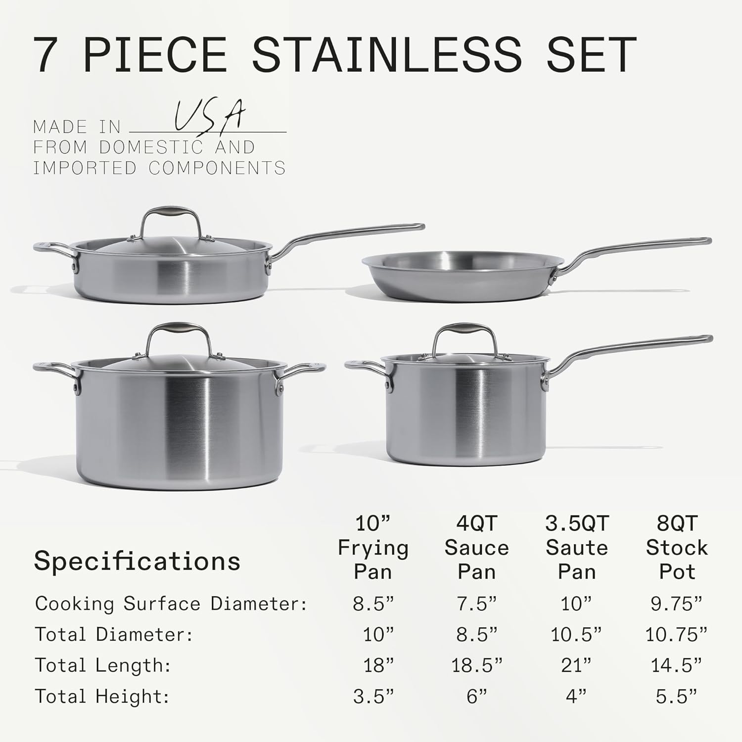 Made In Cookware – 7 Piece Stainless Steel Cookware Set – 5-Ply Stainless Clad – Includes Frying Pan, Saucepan, Saute Pan, Stock Pot – Professional Cookware – Crafted in Italy – Induction Compatible