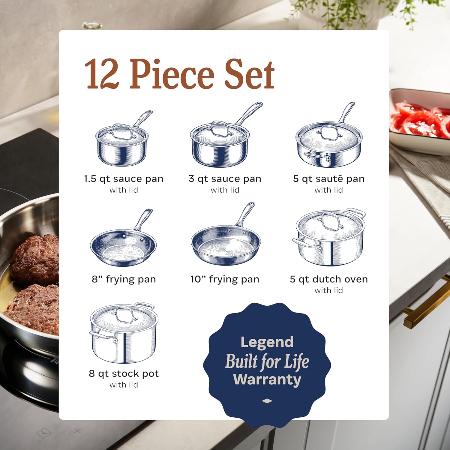 5-Ply Stainless Steel Cookware Set, 12-Piece Pots and Pans Set - Induction Compatible, Oven Safe 800°F - Non-Toxic, No Coatings - Built to Last Generations